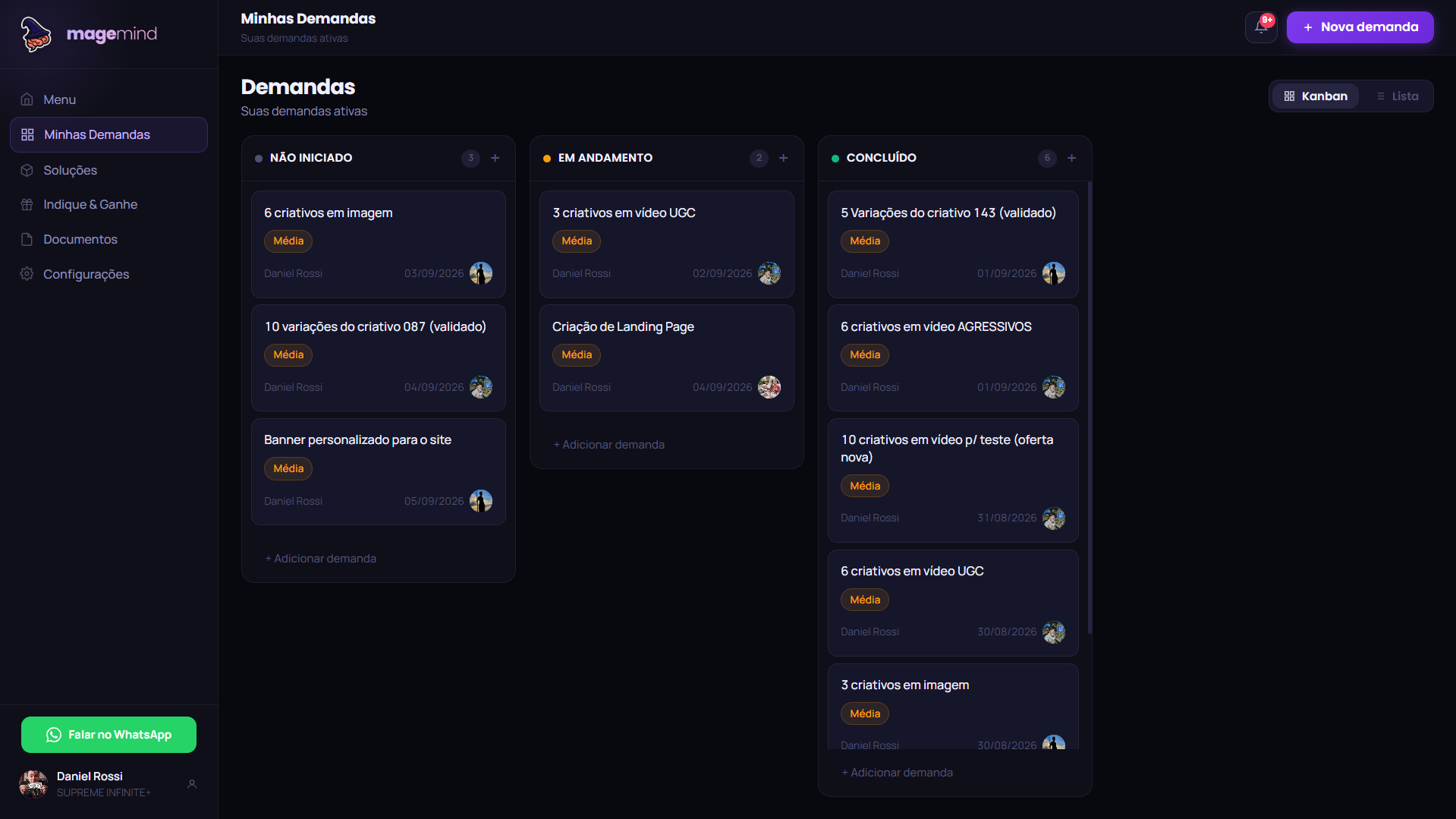 Tela de demandas do aplicativo Magemind no computador