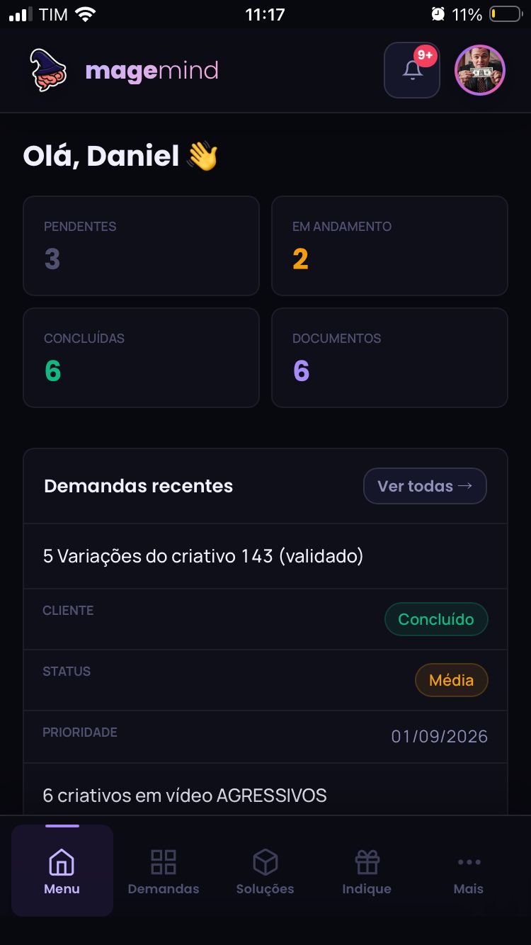 Tela inicial do aplicativo Magemind no celular