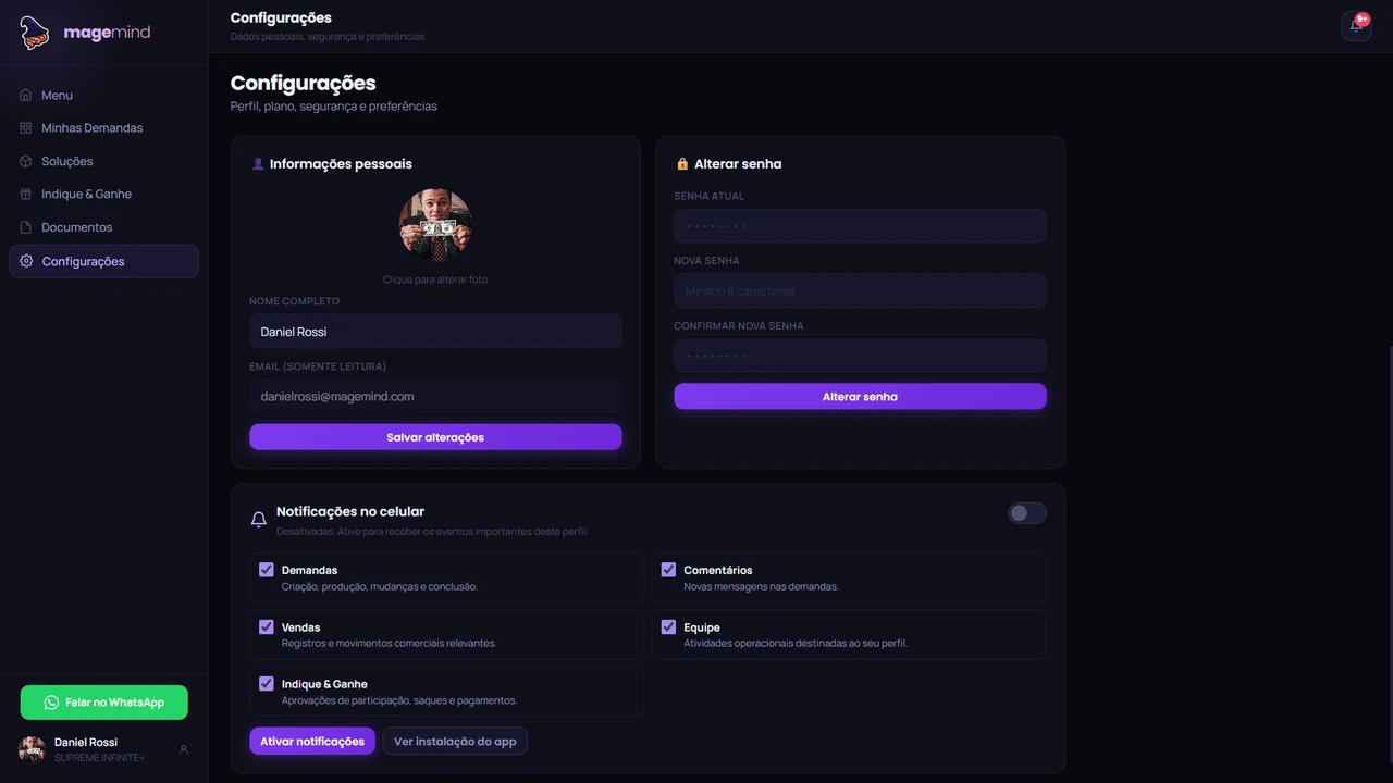 Tela Configurações do aplicativo Magemind