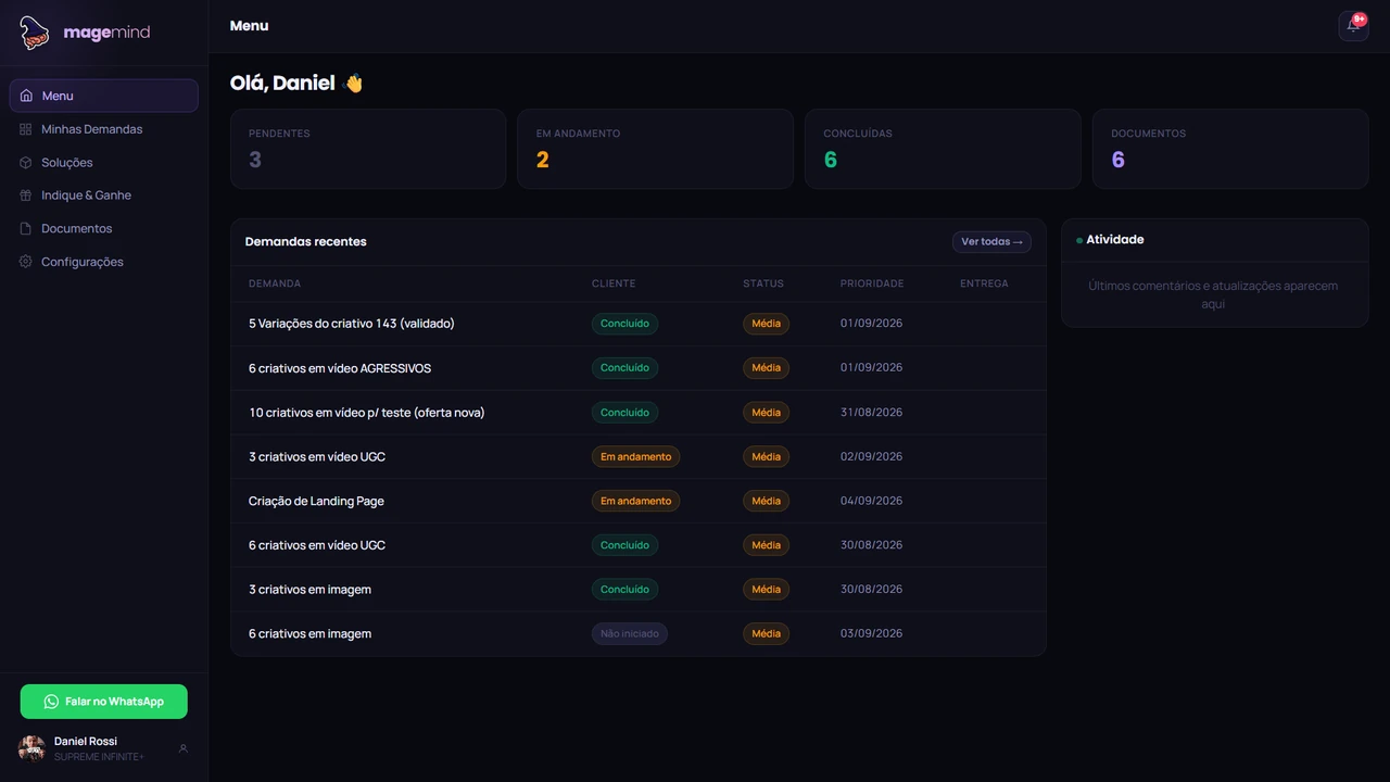 Tela Menu do aplicativo Magemind